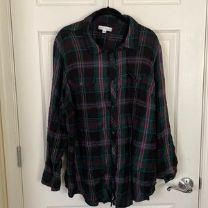 Boutique + Button Down Shirt Flannel Green Black Womens Size 3X Roll Tab Sleeves